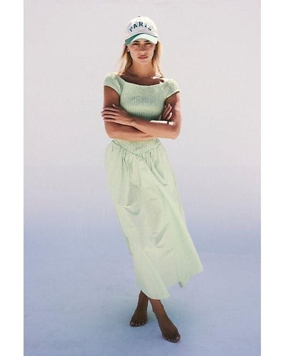 New Free People Ceci Smocked Midi Dress Free-est $98 Large Green POPLIN